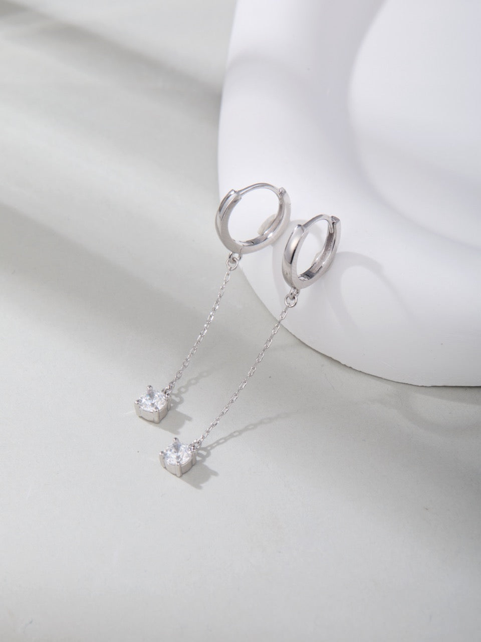 Long Chain Solitaire Huggie Earrings