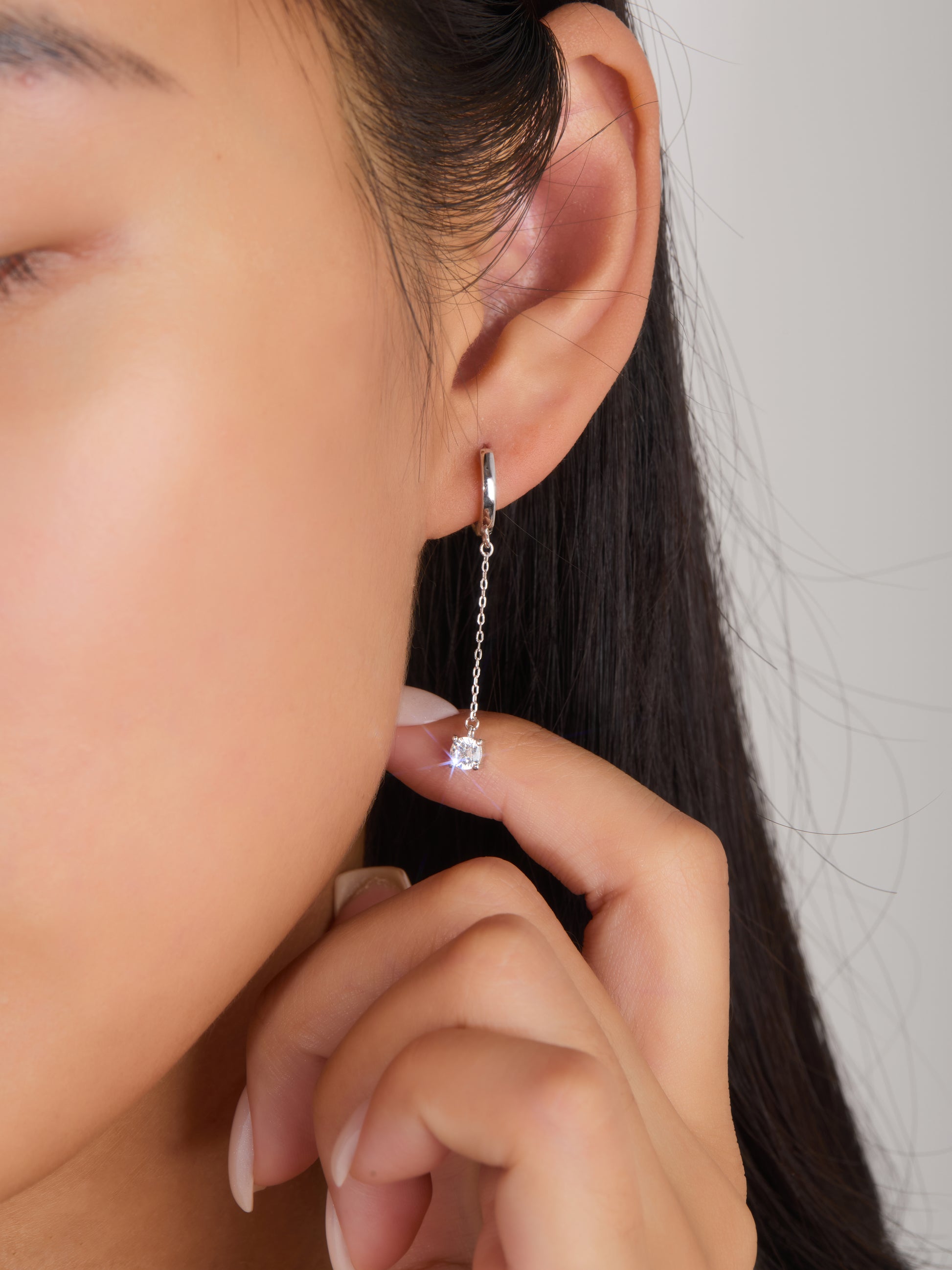 Long Chain Solitaire Huggie Earrings