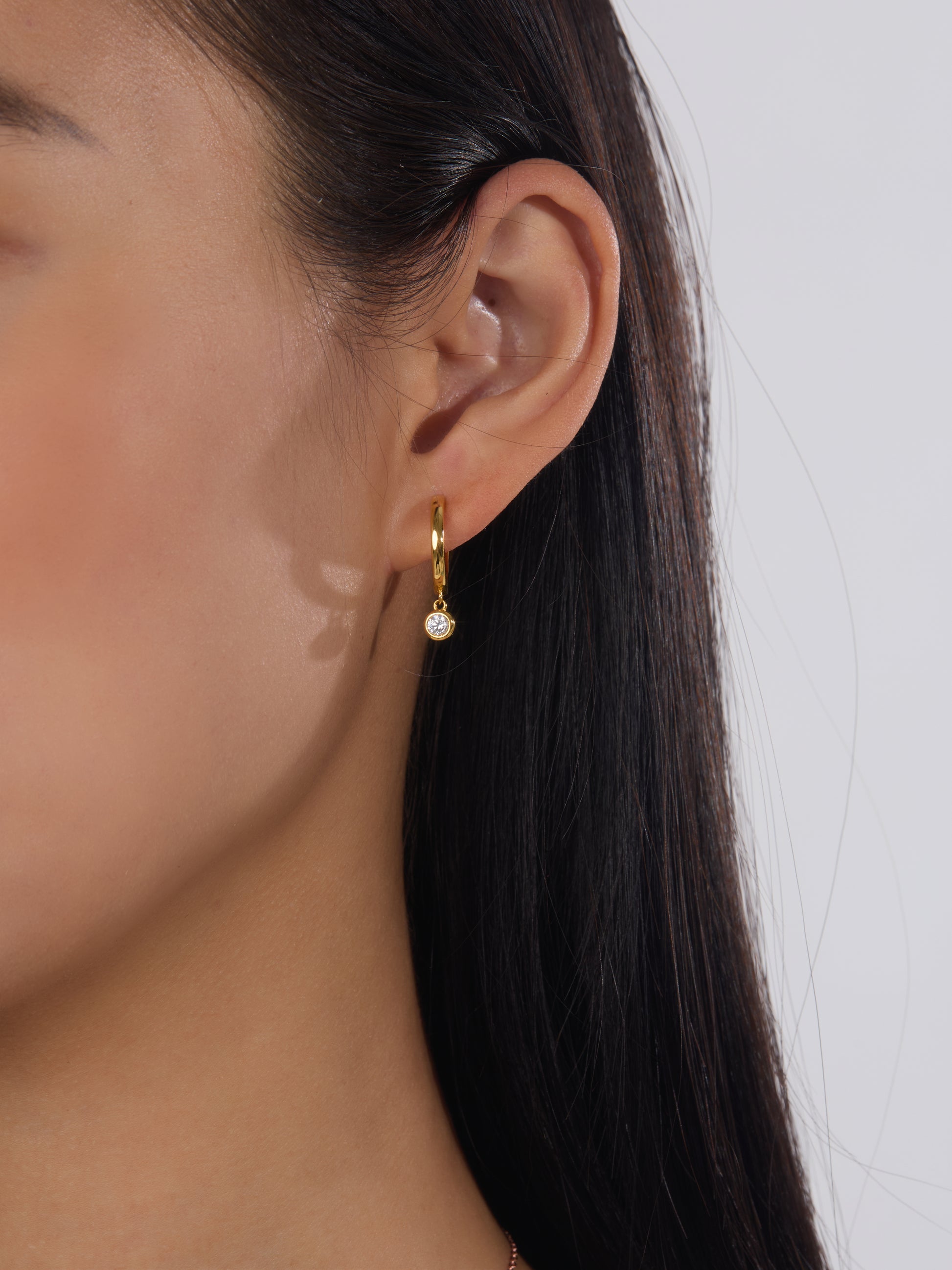 Golden Hoop Earrings with Round Stone Drop