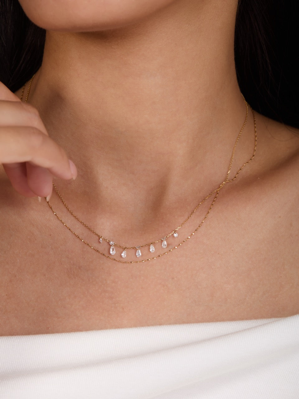 18K Gold Double Layer Dangling Pear Lab Diamond Necklace (IGI)