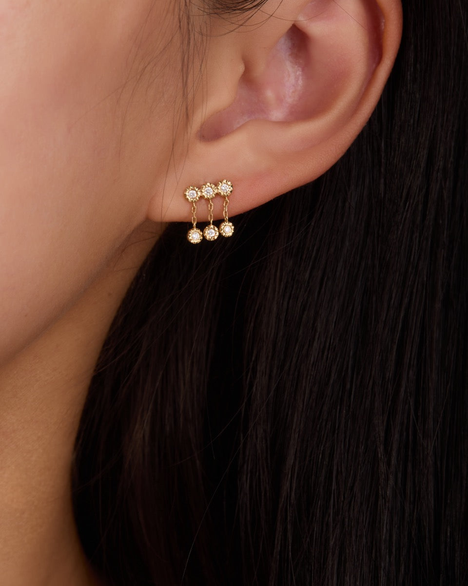 18K Gold 6-Stone Hammered Disc Link Drop Earrings (IGI)