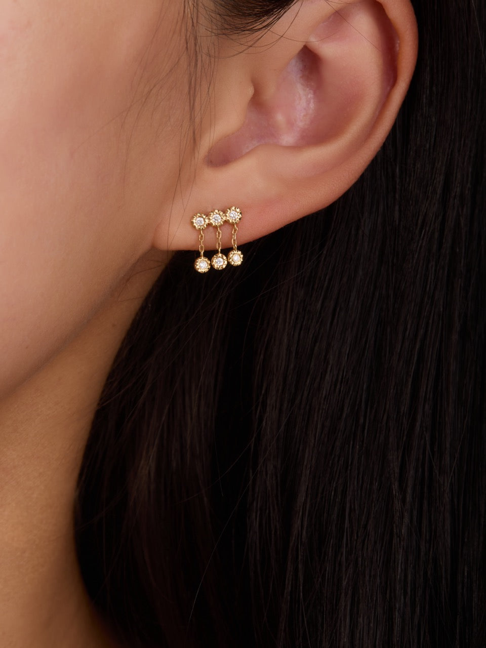 18K Gold 6-Stone Hammered Disc Link Drop Earrings (IGI)