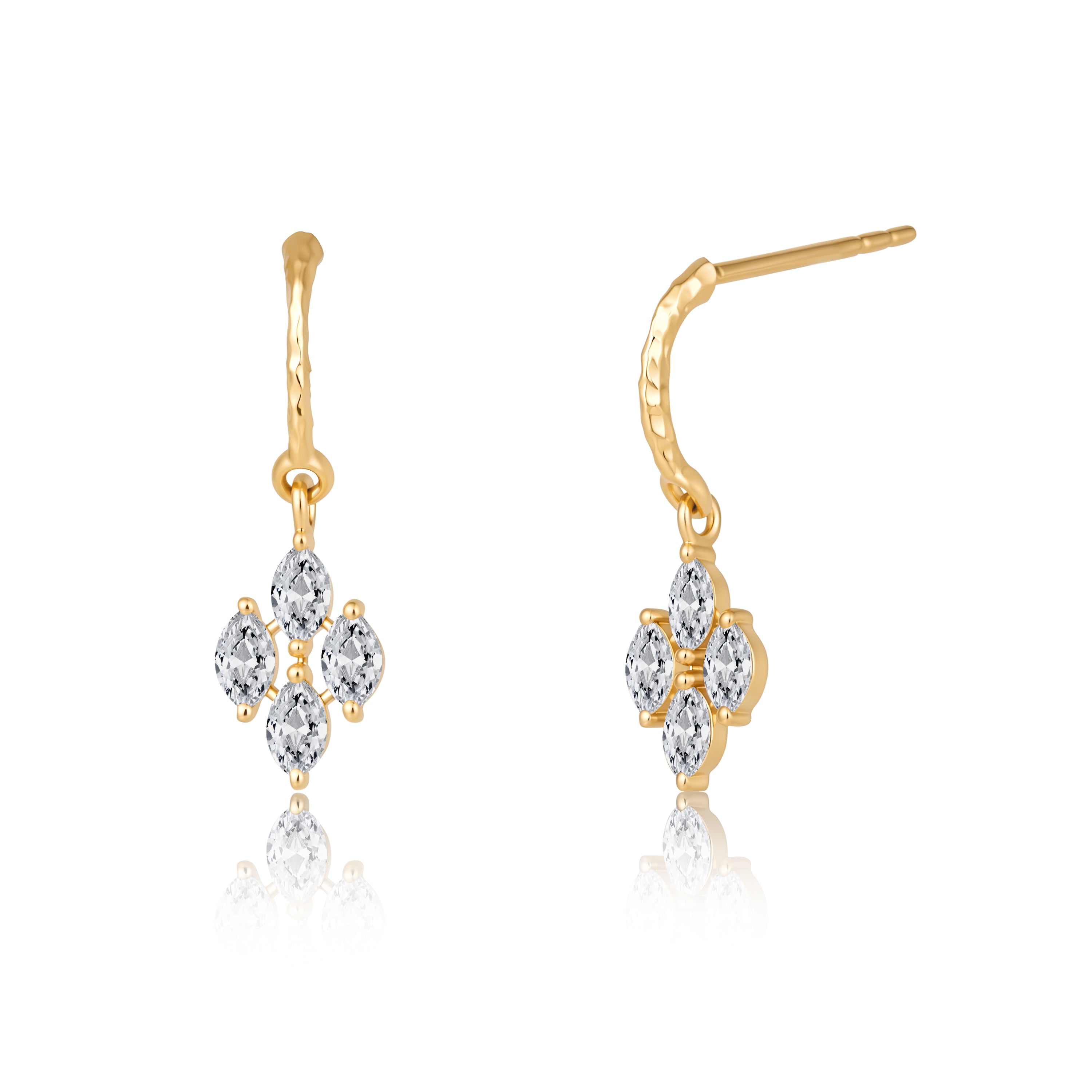 18K Gold Four Marquise Lab Diamond Floral Drop Hook Earrings (IGI)