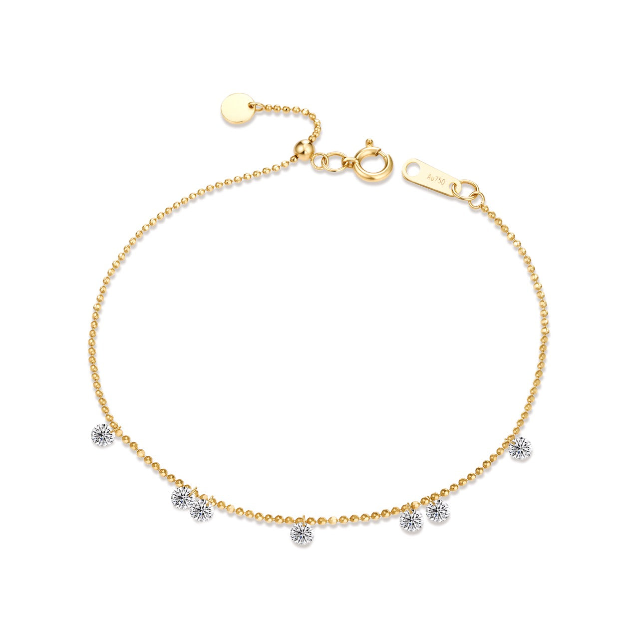 18K Gold 7-Stone Scattered Lab Diamond Bead Chain Adjustable Bracelet (IGI)