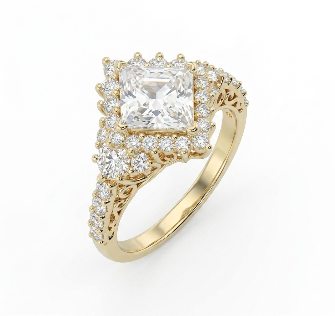 Princess Cut Halo Vintage Accented Ring (custom)