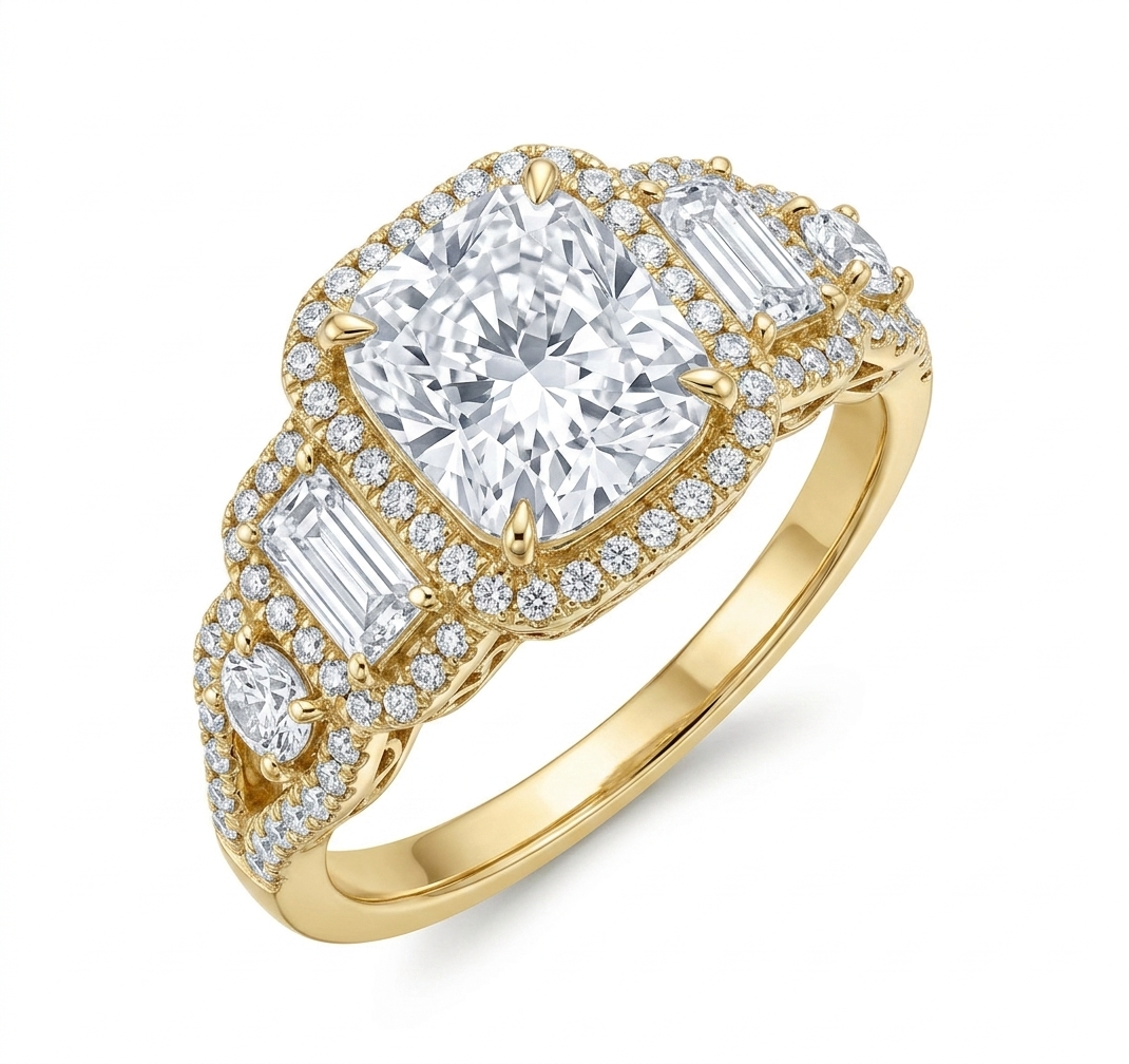 Cushion Cut Side Stone Halo Ring (custom)
