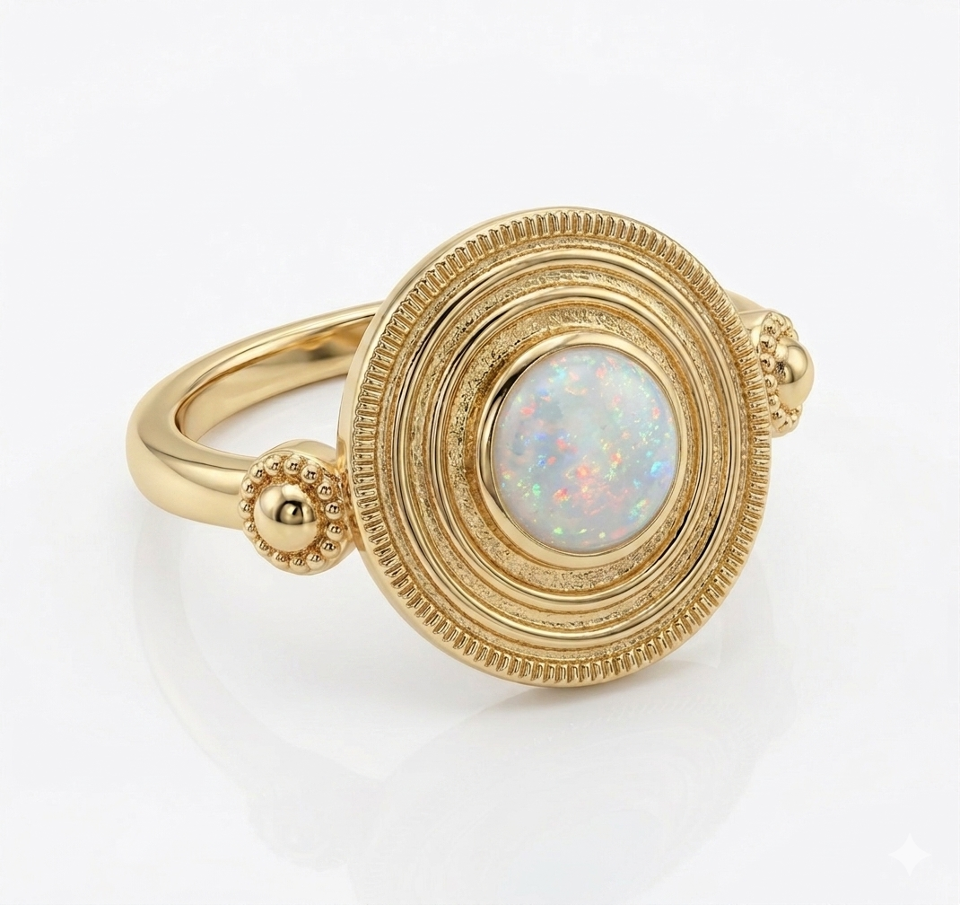 Round Opal Milgrain Medallion Ring (custom)
