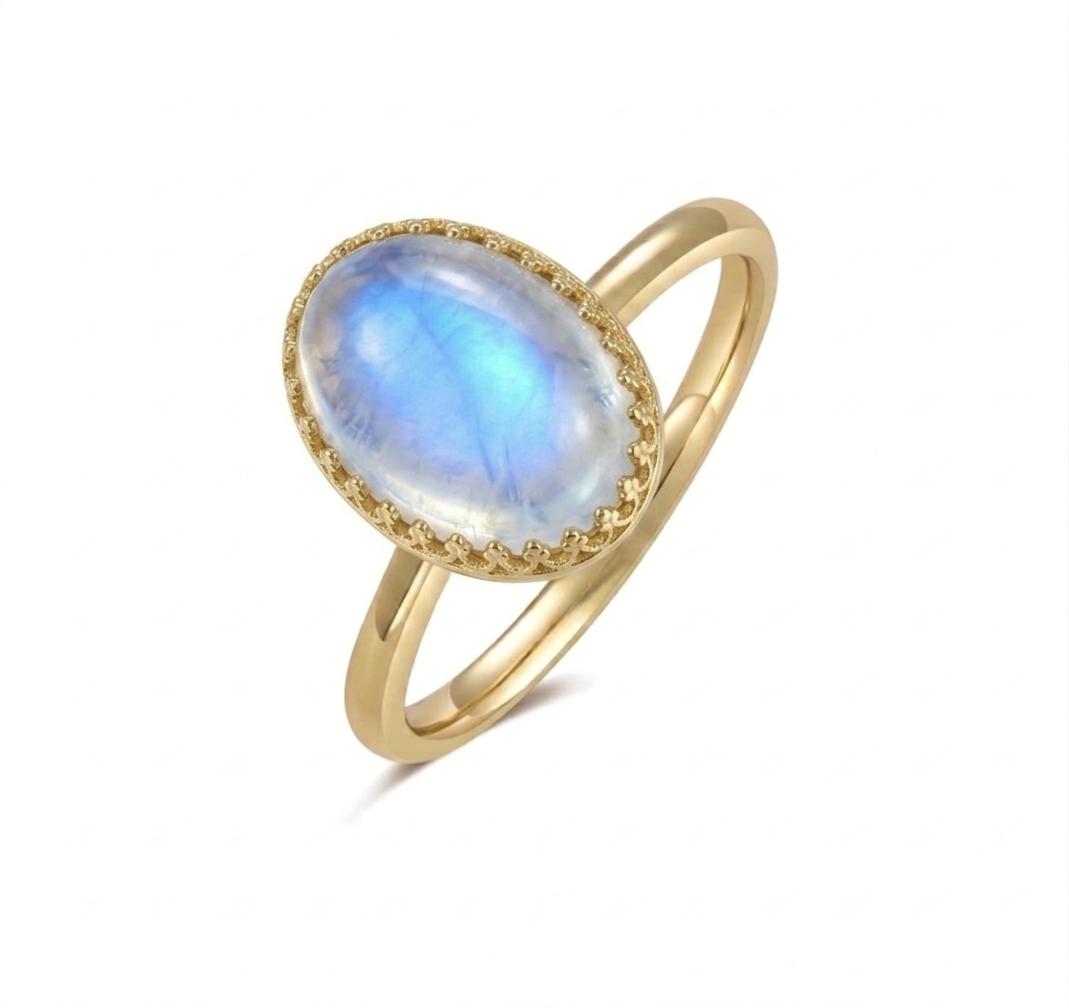 Oval Moonstone Crown-Set Solitaire Ring (custom)