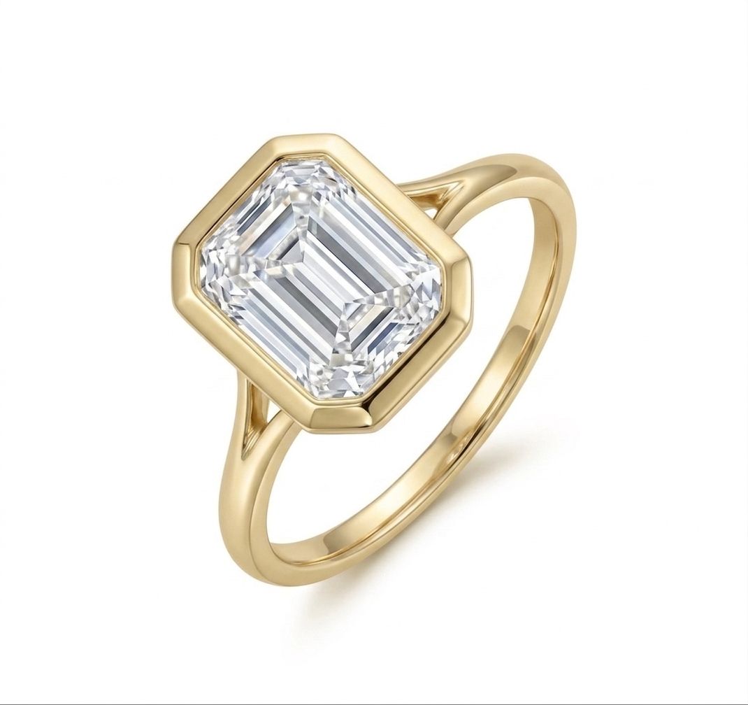Emerald Cut Bezel Split-Shank Solitaire Ring (custom)